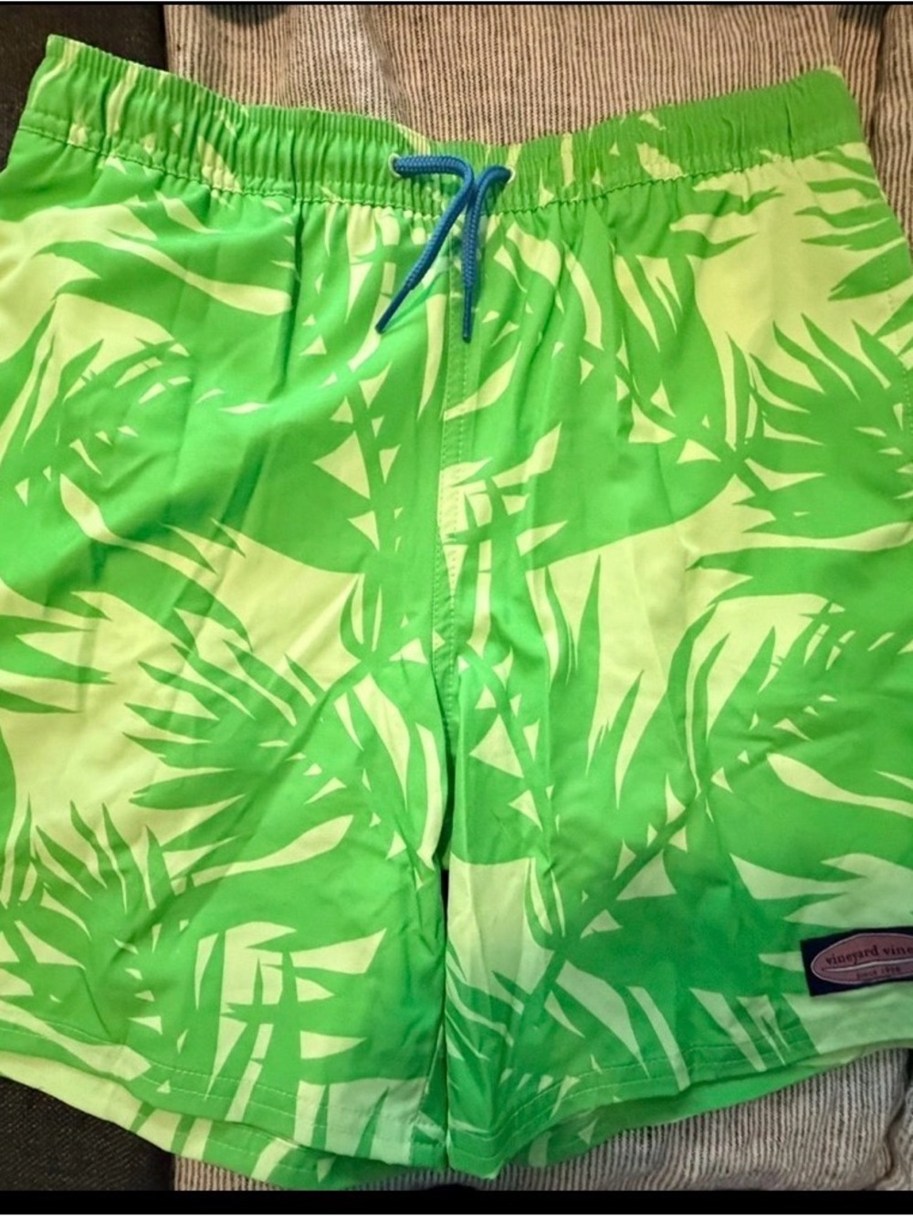 Vineyard Vines Neon Green Palm Print Kids Swim Trunks